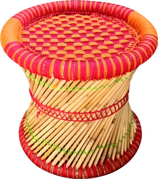 Yashika Creations Natural Bamboo Mudda/Muddi/Chair/Stool with Orange and Red (15X16, Orange) Outdoor & Cafeteria Stool