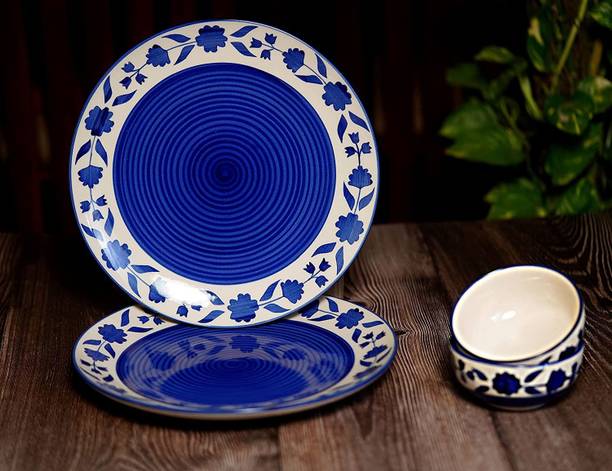 VolCraft Pack of 4 Ceramic Blue Bell Design 2 Dinner Plate, 2 Katori Bowl Microwave & Dishwasher Safe Dinner Set