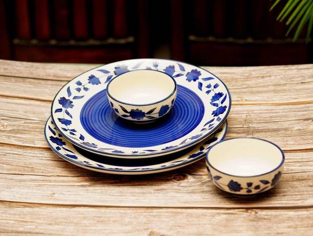 VolCraft Pack of 4 Ceramic Blue Floral Design 2 Dinner Plate, 2 Katori Bowl Microwave & Dishwasher Safe Dinner Set