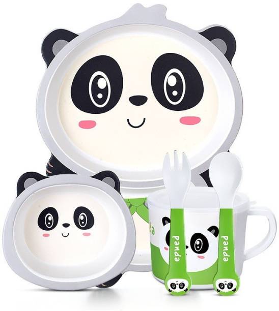 Nizomi Baby Feeding Panda Bamboo Dinner Set For Kids, Plate Bowl Cup Spoon & Fork Set  - Bamboo Fiber