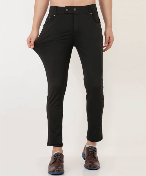 Men Regular Fit Black Lycra Blend Trousers