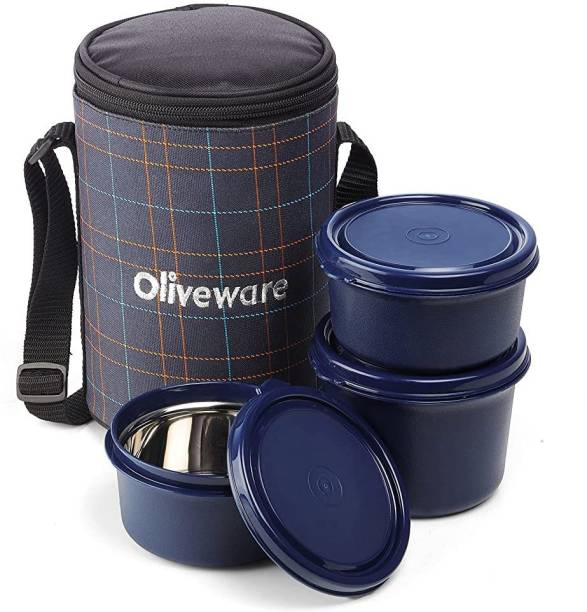 Oliveware Amber Lunch Box | Microwave Safe Steel Containers | Insulated Fabric Bag 3 Containers Lunch Box