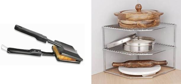 Homedmart Presents Combo Pack of Multipurpose Steel Corner Container Rack & Non Stick Gas Toast Sandwich Maker