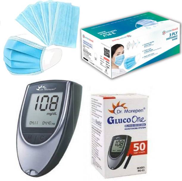 Dr. Morepen DR Morepen Glucometer with 50test strips and FREE ATOMshield 3ply surgical mask| Glucometer