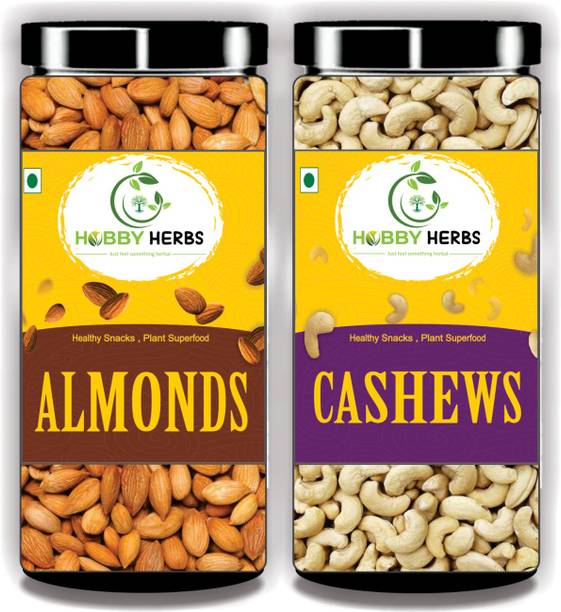 Hobby Herbs Raw Almonds and Whole Cashew Combo 200gm ( 100gm x 2 ) | Whole Cashew | Almonds, Cashews