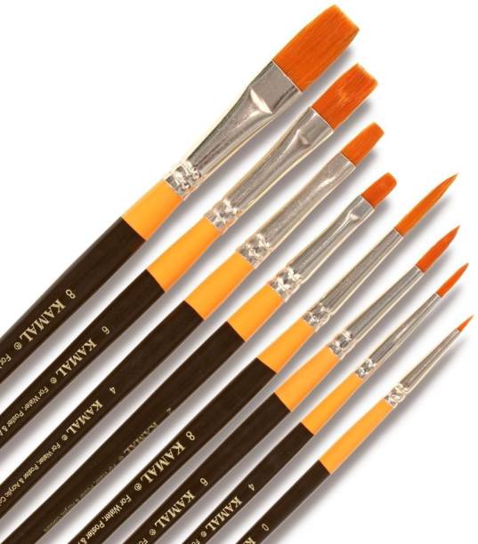 KAMAL Painting Brush Flat and Round Ultra Series Set of 8 with Free Utility Pouch