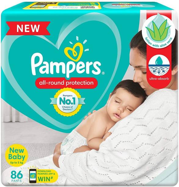 Pampers All round Protection Pants baby diapers (NB,XS) 86 Count, Lotion with Aloe Vera - New Born