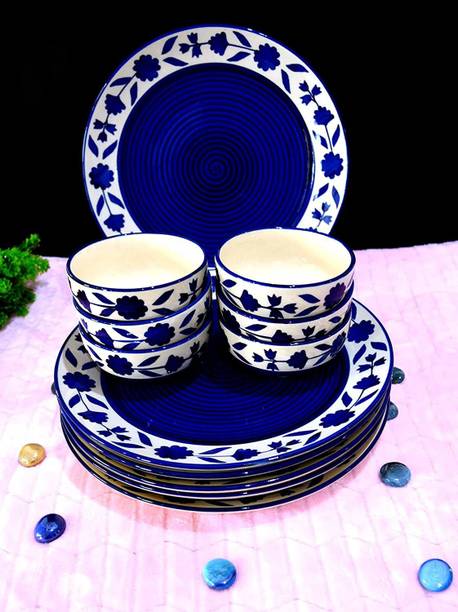 VolCraft Pack of 12 Ceramic Hand Painted Blue Bell 6 Dinner Plate, 6 Katori Bowl Microwave & Dishwasher Safe Dinner Set