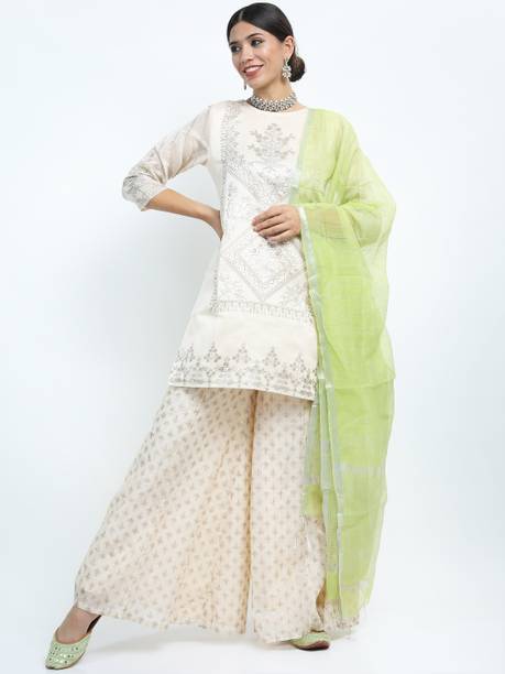Vishudh Women Cotton Blend Kurta Palazzo Set
