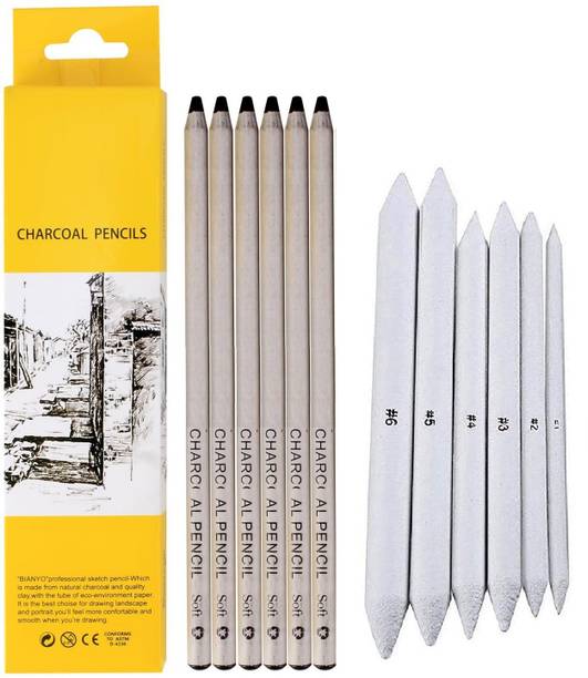 Craftacious Art 6Pcs Natural Soft Dark Charcoal Pencil + 6Pcs Paper Blending/Smudging Stumps