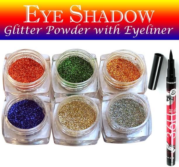 vizo Bright 6 Colors Eyeshadow Glitter Powder (Golden, Blue, Silver) + Eyeliner 9 g