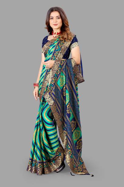 Striped, Embellished, Floral Print, Paisley, Geometric Print Bandhani Silk Blend Saree Price in India