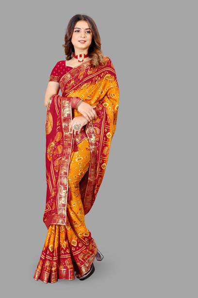 Paisley, Embellished, Animal Print Bandhani Chiffon Saree