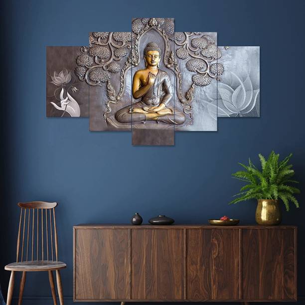 TheCraftHunt Gautam Buddha Wall Paintings for Bedroom Set Of 5 3D Framed For Living Room Digital Reprint 17 inch x 30 inch Painting