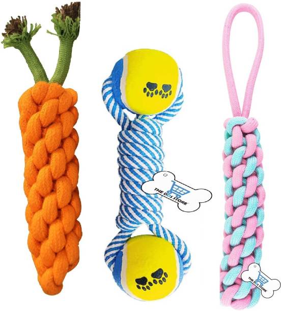 THE DDS STORE Combo of 3 Durable Pet Teeth Cleaning Chewing Biting Knotted Small Puppy Toys Cotton Chew Toy, Ball, Bone, Fetch Toy, Perch, Rubber Toy, Soft Toy, Training Aid, Tug Toy For Dog & Cat