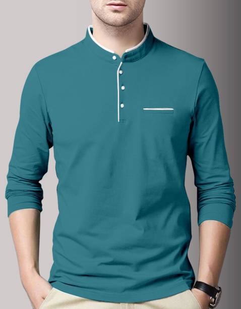 Men Solid Mandarin Collar Cotton Blend Light Blue T-Shirt Price in India