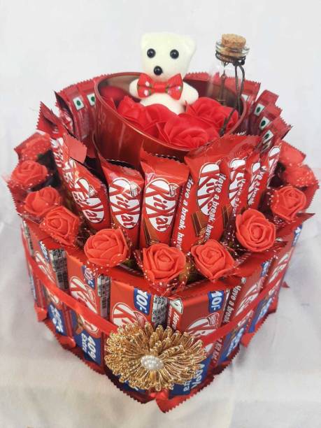Happy Basket By Simran Heart Shaped Kitkat Gift Hamper For Valentine With Teddy Box & Message Bottle Plastic Gift Box
