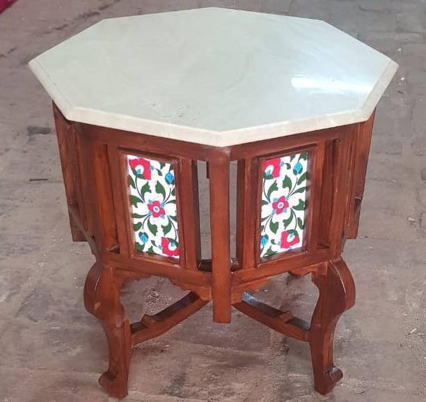 QA Antique Handicraft Traditional Octagon Shape Coffee Side Table Solid Teak Wood with Marble Top Solid Wood Side Table