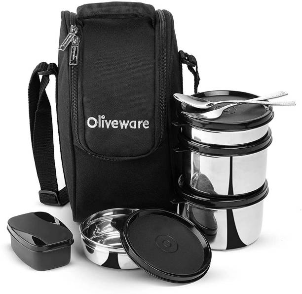 Oliveware Executive Lunch Box | Stainless Steel | Insulated Fabric Bag | Leak Proof 4 Containers Lunch Box