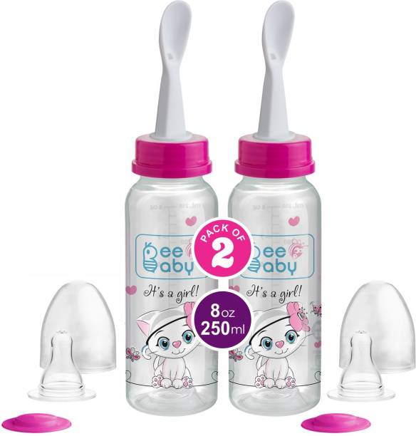 Beebaby Gentle 2 in 1 Baby Feeding Bottle with Plastic Feeder Spoon. 2 Pack (Pink) 8M+ - 250 ml
