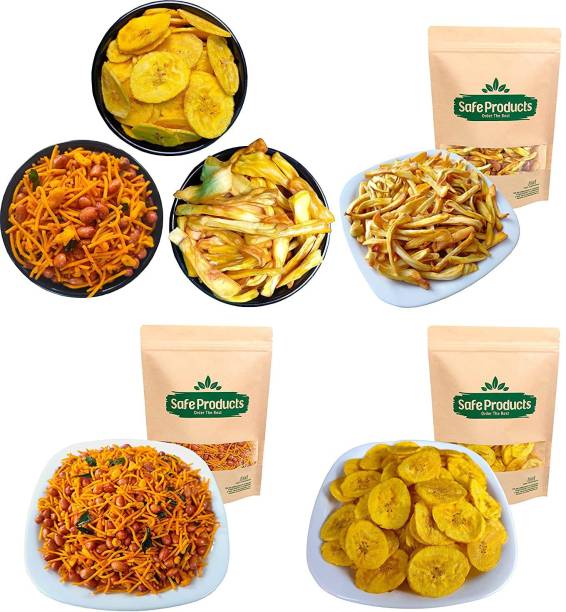 Safe Products Kerala Banana Chips (Made In Coconut oil) and Jackfruit Chips and Spicy Mixture Combo (250G Each) Combo