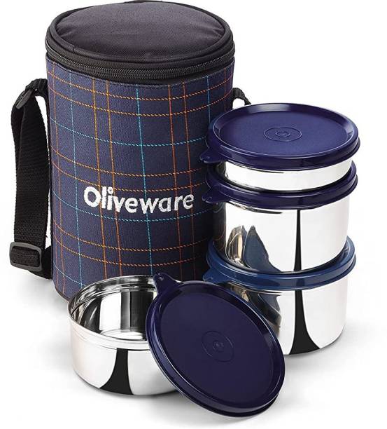 Oliveware Mega | Stainless Steel | Insulated Fabric Bag | Leak Proof 4 Containers Lunch Box