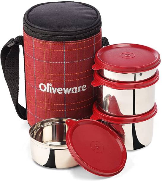Oliveware Mega | Stainless Steel | Insulated Fabric Bag | Leak Proof 4 Containers Lunch Box