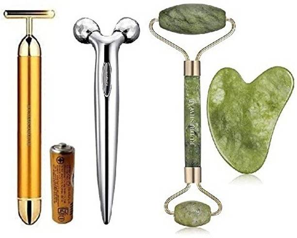 RUDRESHWAR T- Golden Electric Vibration Facial Massage, With 3D Roller & Jade GauSha Stone 100 % Natural Stone Roller Face Massager, Facial And Body Massager Massager
