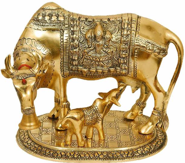 CASHWIN Metal Golden Kamdhenu Cow with Calf Statue, Cow and Calf Idol, Good Luck डेकोरेटिव शोपीस  -  15 cm