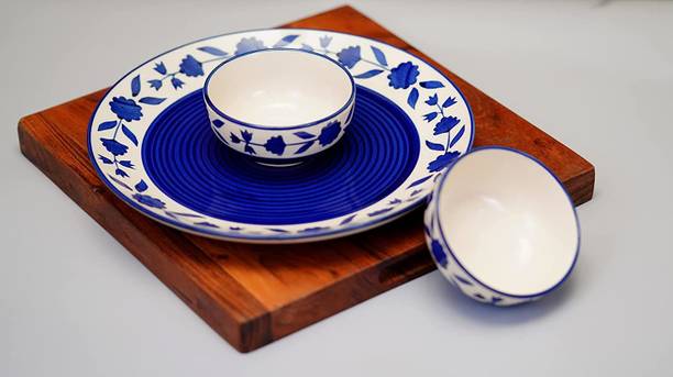 VolCraft Pack of 3 Ceramic HandCrafted Blue Bell 1 Dinner Plate, 2 Katori Bowl Microwave & Dishwasher Safe Dinner Set