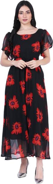 Women Fit and Flare Red, Black Dress Price in India