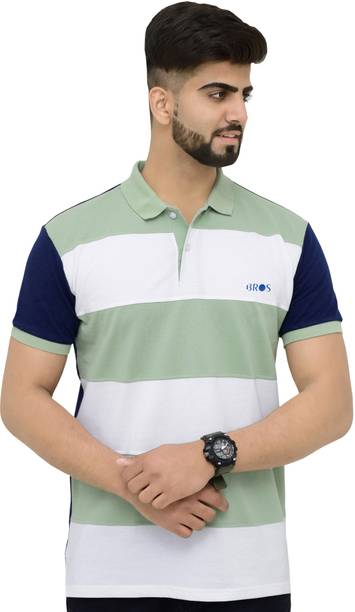 Men Striped Polo Neck Cotton Blend (220 gsm) Light Green T-Shirt
