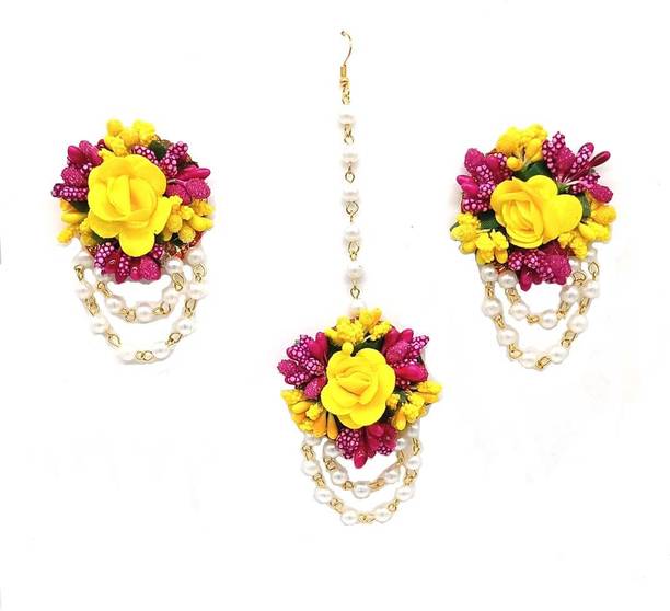 Riya Handcraftejewelry Fabric Pink, Yellow Jewellery Set