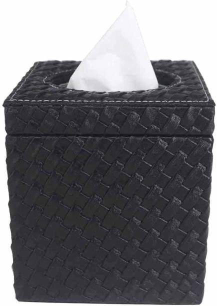 PREMSONS Black Woven Design Artificial Leather Square Tissue Box for Dining Room, Kitchen ,Car Paper Dispenser