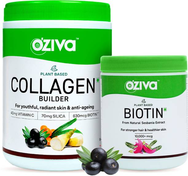 OZiva Strong Hair & Glowing Skin Combo: Plant Based Biotin,125g + Collagen Builder, 250g