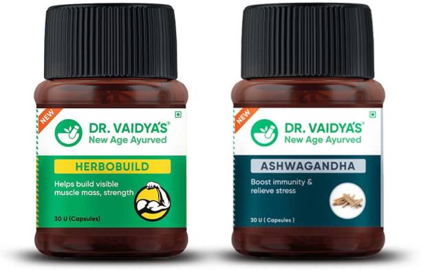 Dr. Vaidya's Muscle Builder Pack For Muscle Fuel | Muscle Gainer, Energy And Stamina Booster | 100% Natural With Ashwagandha, Shatavari, Safed Musali And Gokhru | Herbobuild x 1, Ashwagandha x 1 (30 Capsules Each)