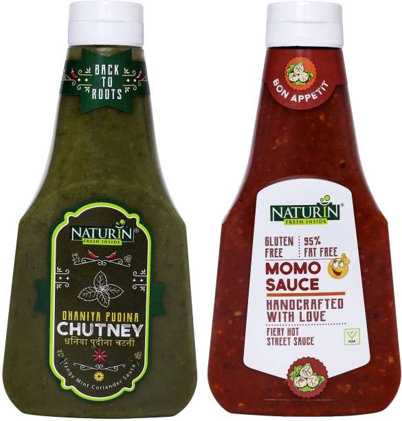 Naturin Combo Pack of 2- Momo Sauce 375g and Dhaniya Pudina Chutney 370g Chutney Paste