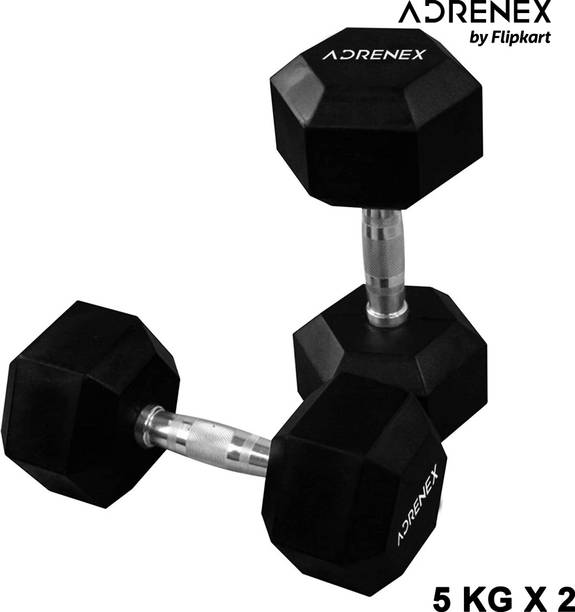 Adrenex Solid Rubber Hex Shape 5 Kg pair (Pack of 2) Fixed Weight Dumbbell