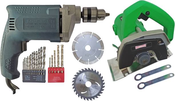 DUMDAAR 1400W 110mm Mable Cutting machine 2 Wheel 10mm Drill machine 13pc & 5pc M. bit Power & Hand Tool Kit