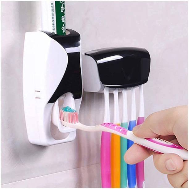 Whisq Toothpaste Dispenser Set with Super Sticky Pad Wall Mounted (Multicolour) Plastic Toothbrush Holder