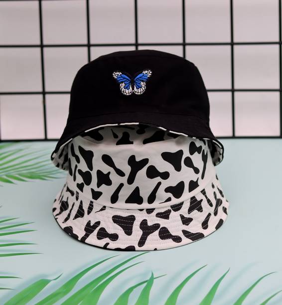 REFFER Unisex Reversible cotton Butterfly Embroidered foldable Bucket Hat for Women