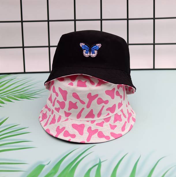 REFFER Latest Reversible cotton Butterfly Embroidered foldable Bucket Hat for Women