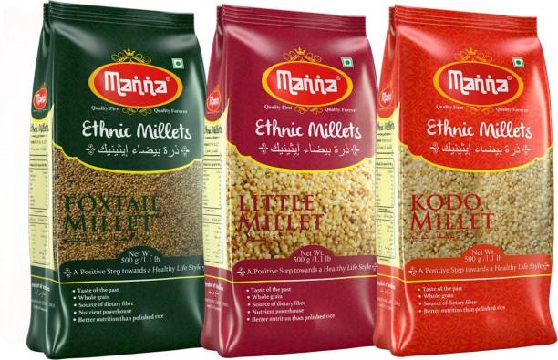 Manna Millets 1.5kg - Natural Grains Combo Pack of 3 | Foxtail 500g, Kodo 500g, Little 500g | Nutrient Powerhouse, High Protein & 100% More Fibre Than Rice Mixed Millet