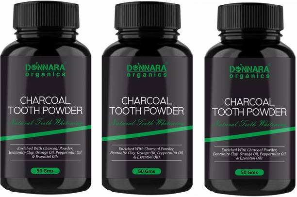 DONNARA organics Teeth Whitening Charcoal Powder-For Tobacco Stain Removal pack of 3 Jars