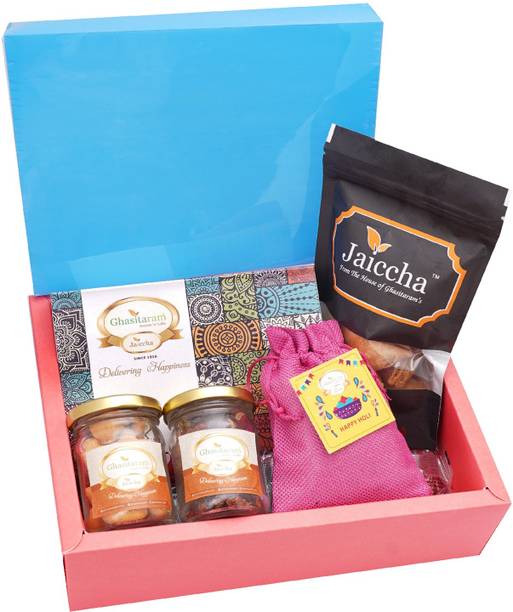 Ghasitaram Gifts Holi Sweets Pink Hamper box Gujiyas,Samosa,Thandai,Banarsi Paan,Crunchy Cashews Combo