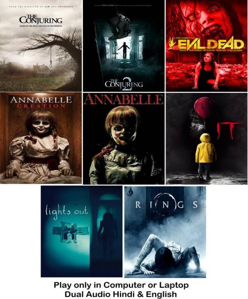 The Conjuring , The Conjuring 2 , Annabelle , Annabelle 2 , It , Evil Dead (2013) , Lights Out (2016) , Rings (2017) 8 horror movies in dual audio Hindi and English clear HD print (it's burn DATA DVD play only in computer or laptop) it's not original without poster