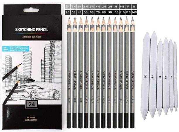 Definite Art 6Pc Paper Blending Stumps + 24Pc Drawing/Sketching Pencil Set; Degree Grade Pencil