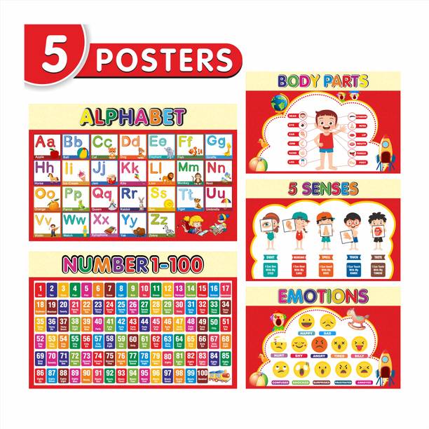 Alphabet ,Body Parts ,Number 1-100 , 5-Senses And Emotions Educational Chart for Preschool Kids Learning Paper Print (18 inch X 12 inch) Paper Print