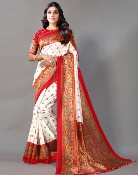 Printed, Geometric Print, Floral Print Dharmavaram Silk Blend, Cotton Silk Saree