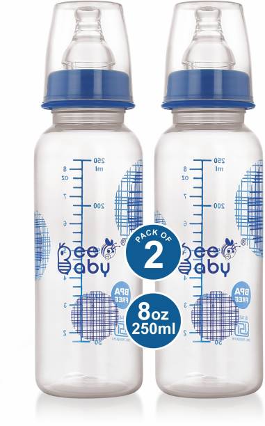 Beebaby Basic Slim Neck Baby Feeding Bottle with Anti-Colic Nipple, BPA FREE, 8M+ - Blue - 250 ml